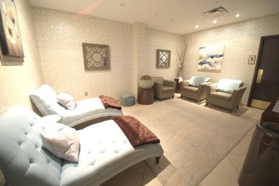 The women's locker room invites guests to relax before spa treatments.
