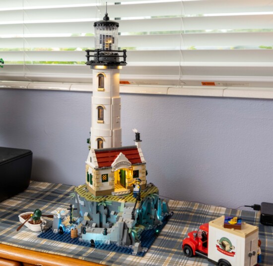 LEGO Motorized Lighthouse features a rotating light and Fresnel lens element.
