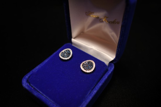 Sterling silver pave earring set with 50 round blue sapphires and 54 round white sapphires. $300