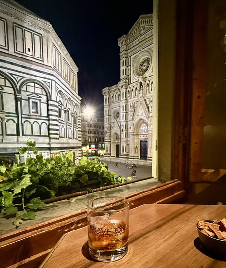 Late night views of the Baptistery of San Giovanni and the Duomo from the upstairs windows of Move On Italian Pub and Record Store in Florence.