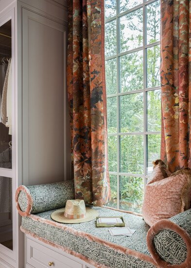 Window treatments, cushion and pillows fabricated by Chancery Custom. Window seat cushion and pillow in Wild Essence – Textured Terrain in Sagebrush.