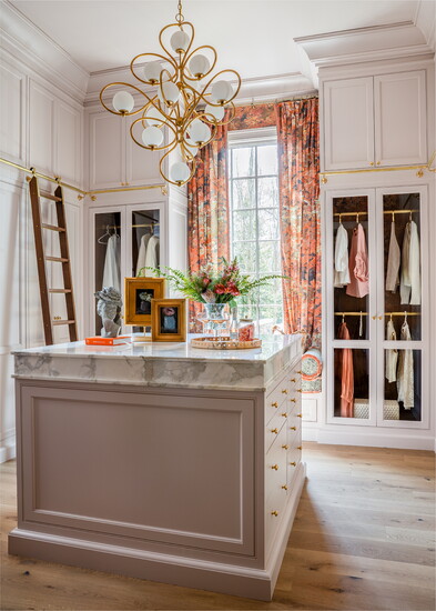 Lush custom drapery and wallpaper in Botanical Tapestry, Autumn Orchard, offers rich, feminine tones in this romantic retreat 