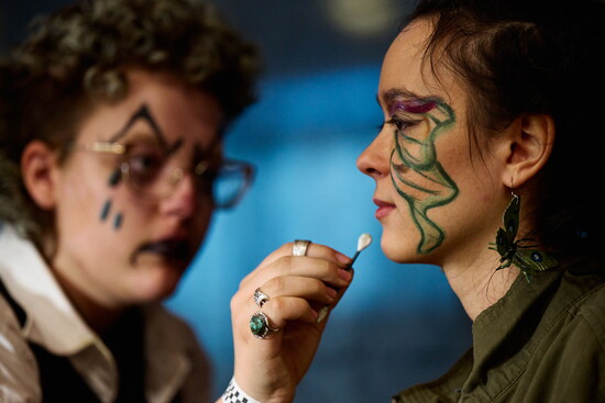 Realms student makeup artist styling designer/model (r) Noelani Anderson in the greenroom. Photo credit: Joe Kline
