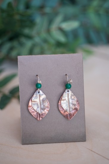 Seasons of Change leaf earrings. Copper and 14-karat gold-fill leaves with sterling silver and gold-fill ear wires. Genuine jade accent | $99 