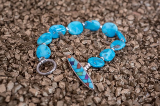 Sleeping Beauty turquoise bracelet. Arizona-sourced turquoise with .925 sterling silver and mosaic-patterned toggle closure | $800 