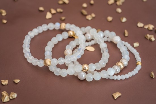 Rounded moonstone bracelet with faceted agate. 14-karat gold-fill accents, set of two | $59 