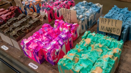 Hand crafted scented soap bars are colorful and aromatic.
