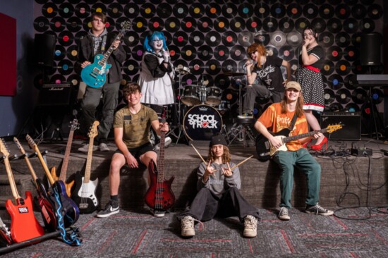 One of the School of Rock bands: (L-R)  Lukas Wellman, Rhanon Schade, McKenzie Armstrong, Kaiden Forbes, Georgia Cidlik, Lyle Cidlik, and Cassidy Wilkinson.