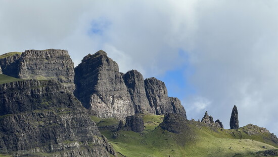 The Storr mountain and the Old Man of Storr formation (far right) on Skye.