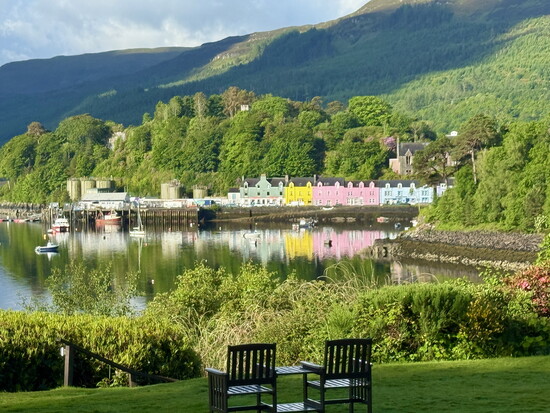 The view of Portree's harbor from the front lawn at Cuillin Hills Hotel. 