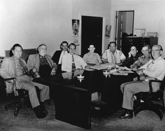 The Town Council and staff, circa 1954, was led by Mayor Malcolm White (center, in the vertical striped shirt). Courtesy Scottsdale Historical Society
