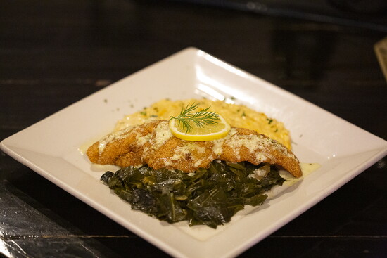 Fried Catfish with a jalapeno cream sauce, bacon-braised collard greens and pimento cheese risotto - yum!