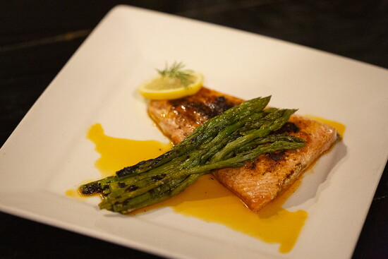 Blackened Alaskan Sockeye Salmon comes with a choice of sides, including asparagus. 