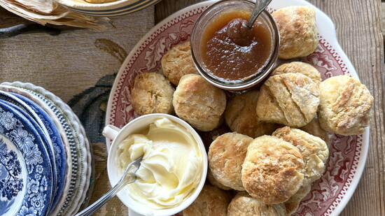 Flaky layers of buttermilk mini biscuits, overnight slow cooker apple butter and biscuit crackers made by Jimmy from one of his “Screen Porch Suppers”