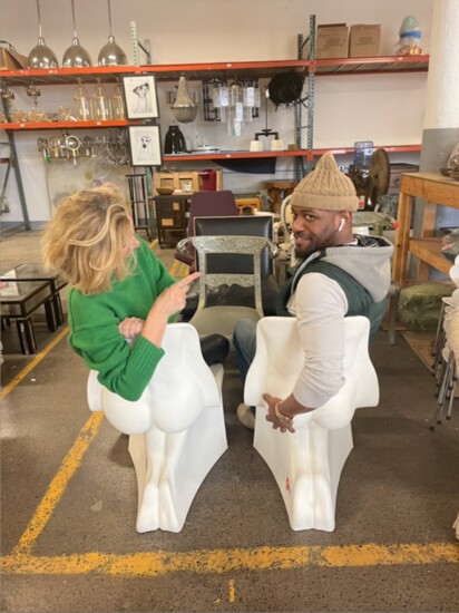 Carmen Gregory, Director of Sales, and Leighton Reid, assistant warehouse manager, chairs designed by Fabio Novembre. 