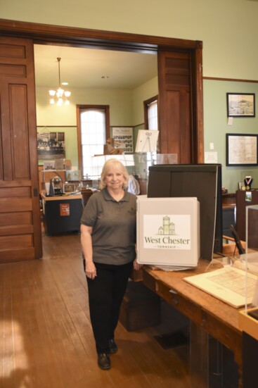 Mary Jo Bicknell, President of the West Chester-Union Township Historical Society with the Bicentennial Time Capsule.