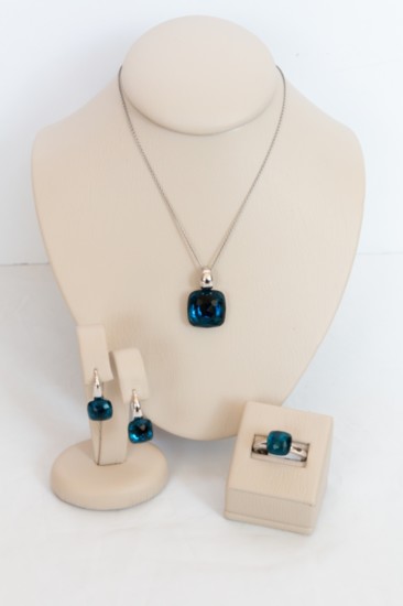 Blue cushion necklace, earrings & ring, from $135, Welling & Co.