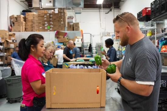 The Lahey Group and Ryan Allnut from Thin Line Home Inspections sort fresh produce in their commitment to helping local people in need.