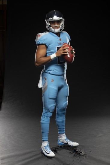 Quarterback Marcus Mariota models the new Tennessee Titans uniform.