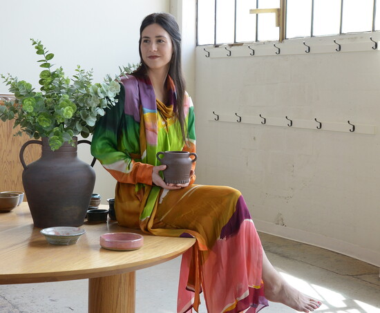 Jordyn as Beatrice Wood wearing Ulla Johnson Critique Silk Dress - Nature Abhors a Vacuum, LIZZIE FORTUNATO Anemone Earring-Carriage House