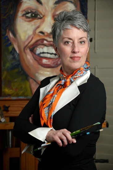Carole Foret as Anne Goldwaithe wearing Orange and Blue/Green Printed Silky Bandana Scarf- Elitaire Boutique