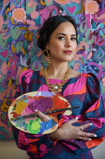Rossina as Frida Kahlo wearing Stendhal Geometric Floral Dress- Elitaire Boutique, Necklace Soul Revival