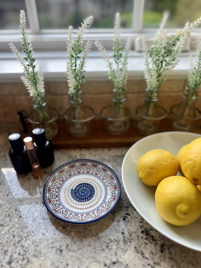 Ashley's custom perfumes from France and garlic grinding dish from Mallorca. 