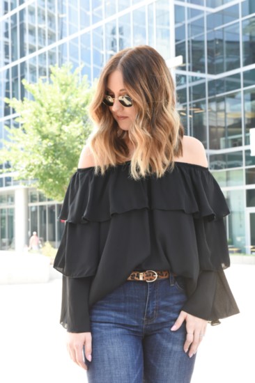 Top: Amy Ruffled Off the Shoulder Blouse (available in pink + black) Shades:  Krewe, Ward Blinker, 24K Titanium and Oyster