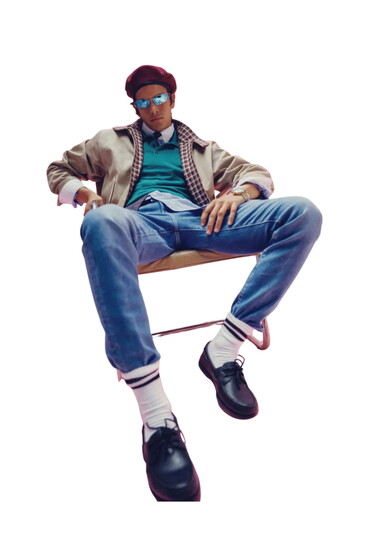 Men's Trend: Preppy: layered, casual, put together (denim + tweed, straight-leg jeans with rugby and plaid scarf). Photo by Garrett Naccarato/WWD