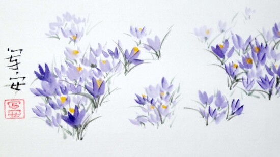 "Crocuses," a sumi-é on handmade rice paper.