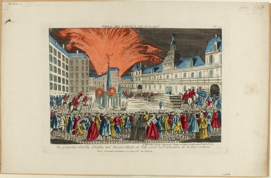 Paris, France, fireworks celebrating the 1783 Peace of Paris ending the American  Revolutionary War and formally recognizing the U.S. as an independent nation. 