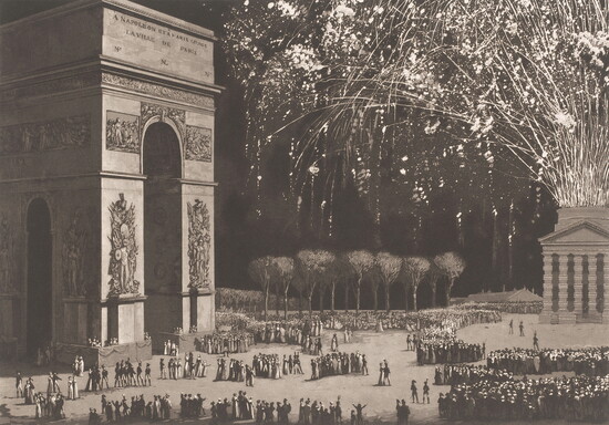 1810 fireworks and full-size model of the Arc de Triomphe on the wedding day of Napoleon Bonaparte and Marie Louise. Public Domain, Wikimedia Commons