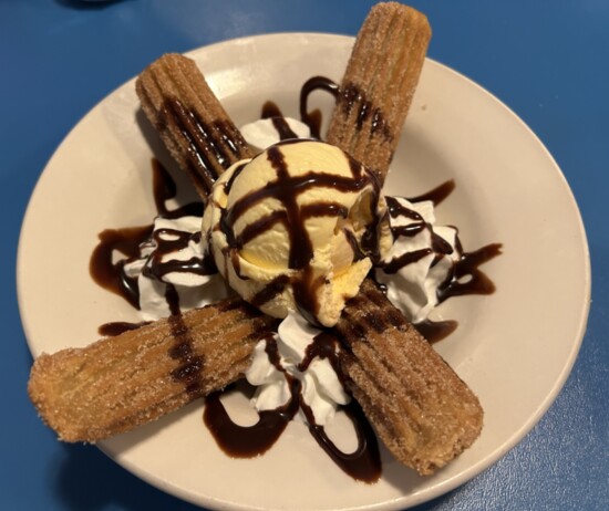 Churros with caramel centers, ice cream, chocolate sauce and whipped cream topped off a superb meal at MaMa Cita’s in Osage Beach.