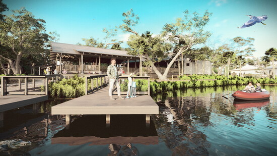 Architectural rendering by Sweet Sparkman Architects depicts Snook Haven along the Myakka River.