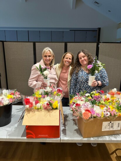 Kathy Graham, Ginger Smith, and Diana Kessler at a monthly Flower Power bouquet building session, sponsored by the Ridgefield Rotary with NCL Volunteers