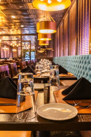 The restaurant has many different seating options.