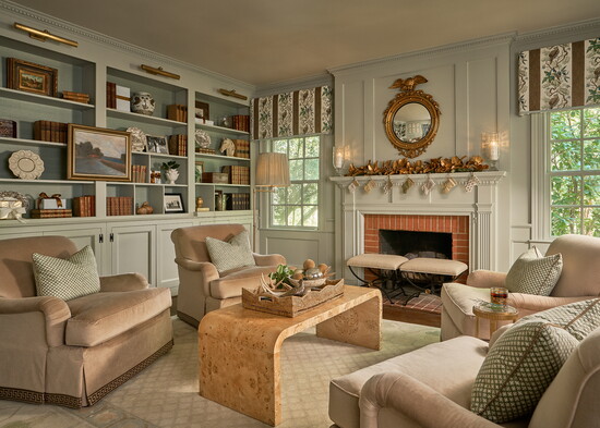 The conversation room is designed in partnership with Cambridge Row, Birmingham. A collaborative rug with English Village Lane anchors the space. Stools from 