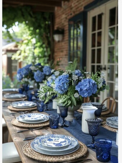 Gorgeous blue hydrangeas make this tablescape incredible.