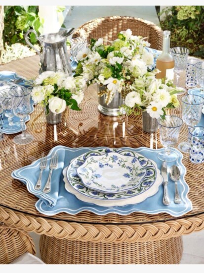 Soft blue accents bring this tablescape together. 