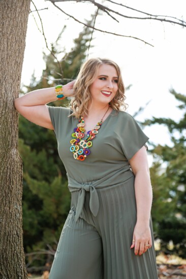 Frank Lymon green pleated V-neck pantsuit ($179), and the Taqua Ecadourian necklace.