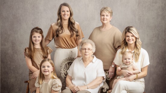 Four generations: Charlee, Channing and Jazmine Johnson; Linda Duke; Melissa Roper; and Jacy and Brooks Hawkins