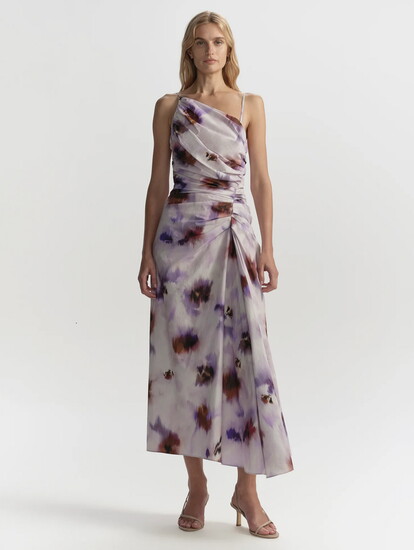 A.L.C. floral dress: midi, lilac, ruching, English florals, airy luxury fabric