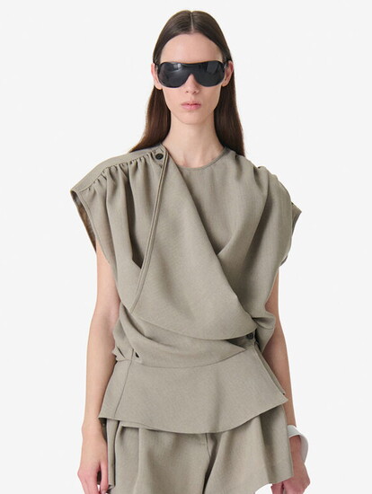 IRO top and short set: draped, greige, muted, monochromatic relaxed set, flutter shorts