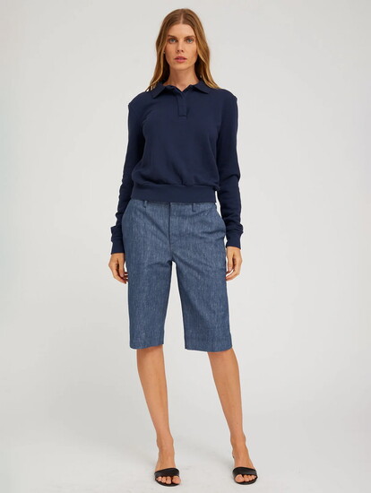 SPRWMN tailored bermuda and navy cotton pullover: Parisian, preppy, hues of blues, long and tailored shorts