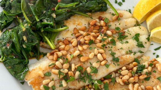 Sautéed Flounder with Pine Nut Butter & Spicy Garlic Spinach