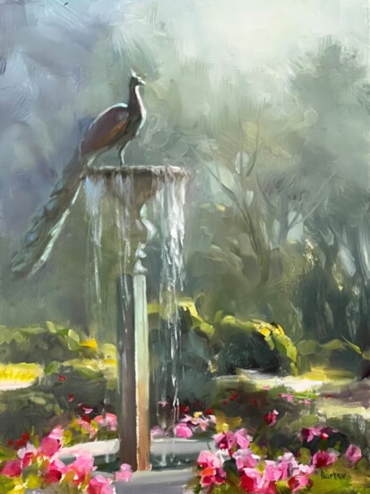 "Morning Perch Above the Roses" by Stacy Barter painted en plein aire