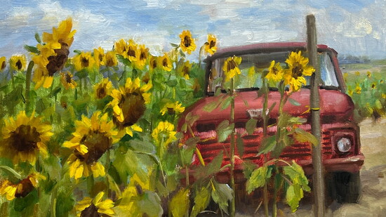 "Sittin' in the Sunflowers" painted en plein aire at Southern Hill Farms