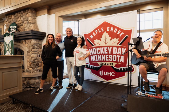 The Maple Grove Hockey Day Minnesota 2028 logo, unveiled at Rush Creek Golf Club.
