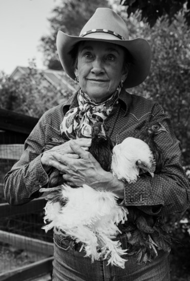 Susan holding her beloved chickens