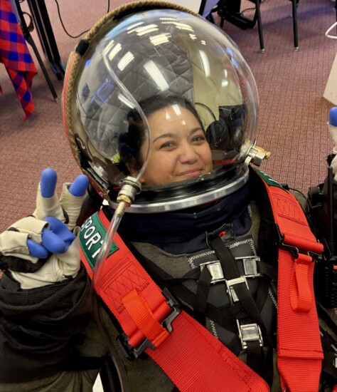 Susie Bennett dons a spacesuit for training at Univ. of Ariz.'s Center for Human Space Exploration/Biosphere 2.